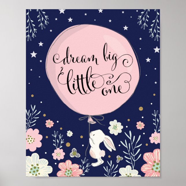 Bunny Nursery Decor Rabbit Dream Big Navy Pink (Front)