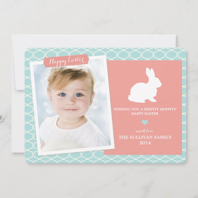 Bunny on Morrocan Pattern Happy Easter Photo Holiday Card (Front)