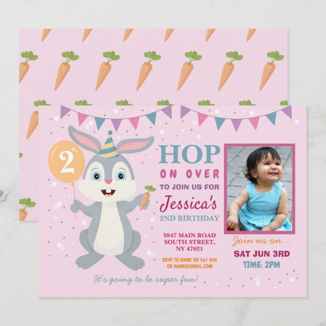 Bunny Party Birthday Rabbit Photo Easter Pink Invitation (Front/Back)