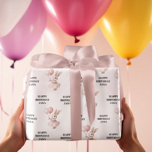  Bunny Pastel Pink Birthday    Cute Happy Birthday Wrapping Paper