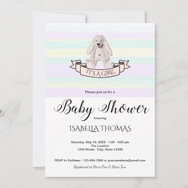 Bunny Pastel  Pink Blue Yellow Stripes Baby Shower Invitation (Front)