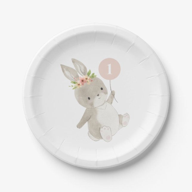 Bunny Pink Balloon 1st Birthday Paper Plate (Front)