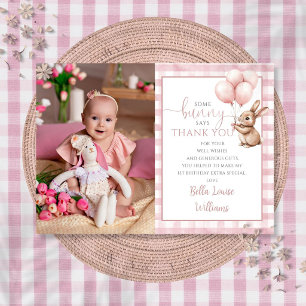 Bunny Pink Balloons Photo 1st Birthday Party Thank You Card