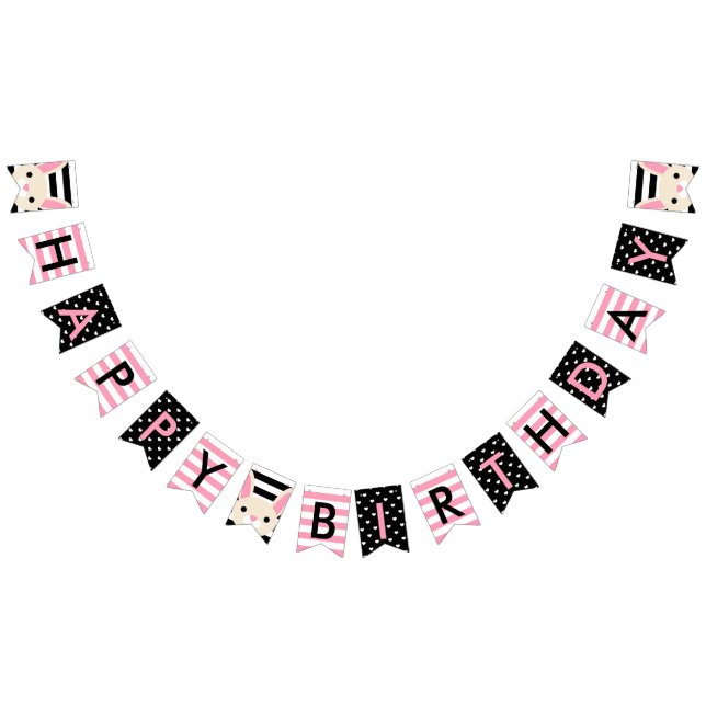 Bunny Pink & Black Stripes & Hearts Happy Birthday Bunting (All)