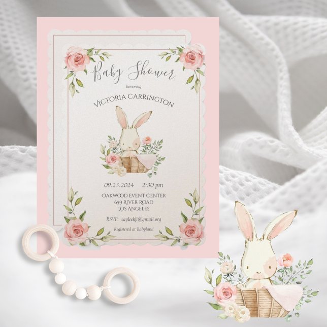 Bunny Pink Blush Champagne Shimmer Baby Shower Invitation (Creator Uploaded)