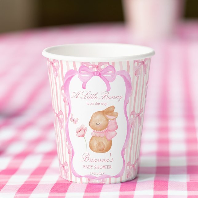 Bunny pink bow baby shower monogrammed paper cups (Bunny pink bow girls baby shower monogrammed paper cups personalized table decor)