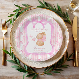 Bunny pink bow baby shower monogrammed paper plate