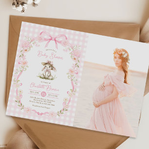 Bunny Pink Bow Gingham Baby Shower Photo Invitation