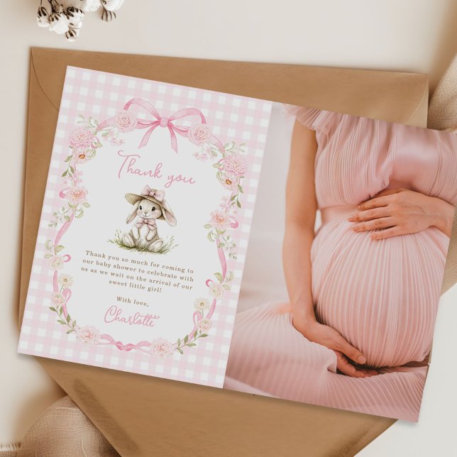 Bunny Pink Bow Gingham Baby Shower Photo Thank You Card (Creator Uploaded)