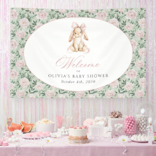 Bunny, Pink Bow, Pink Flowers, Baby Shower Welcome Banner