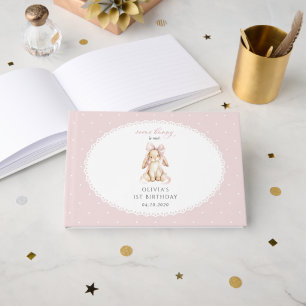 Bunny, Pink Bow, Pink Polka Dots, First Birthday Guest Book