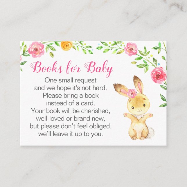 Bunny Pink Floral Girl Books for Baby Book Request Enclosure Card (Front)
