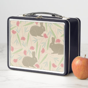 Bunny Pink Flowers Leaves Animal Lover Metal Lunch Box