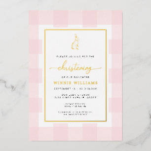 Bunny Pink Gingham Christening Foil Invitation