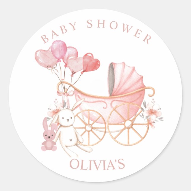 Bunny Pink Girl Baby Shower Party Classic Round Sticker (Front)