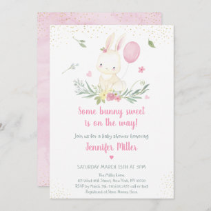 Bunny Pink Gold Floral Girl Baby Shower Invitation