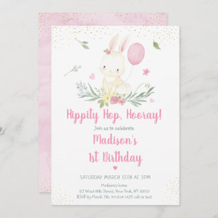 Bunny Pink Gold Floral Girl Birthday Invitation
