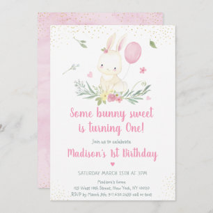 Bunny Pink Gold Floral Girl Birthday Invitation
