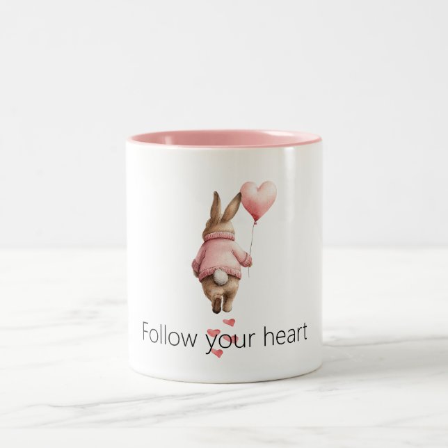 Bunny Pink Heart Balloon  Two-Tone Coffee Mug (Center)