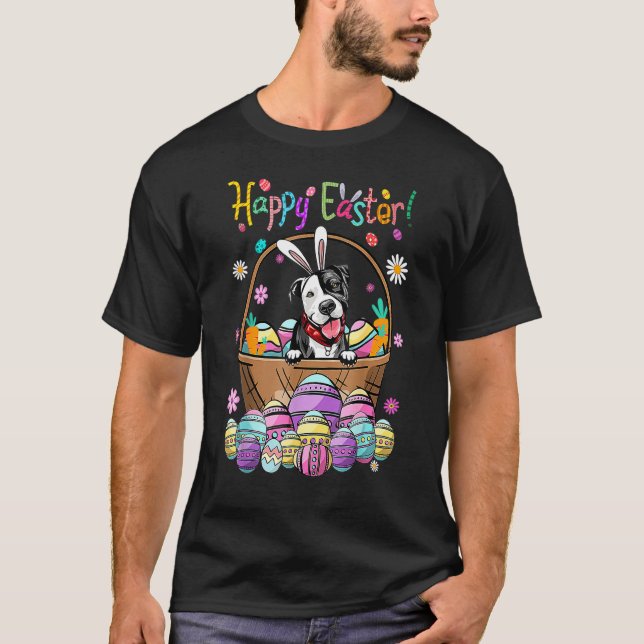 Bunny Pit Bull Dog Happy Easter Day With Easter Eg T-Shirt (Front)