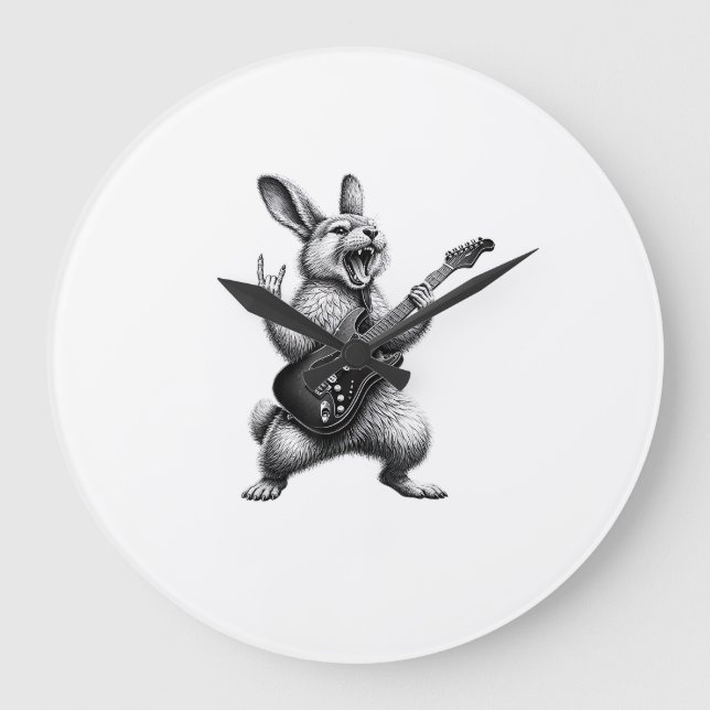 Bunny Playing Guitar Rock Star Bunny Lover Easter  Large Clock (Front)