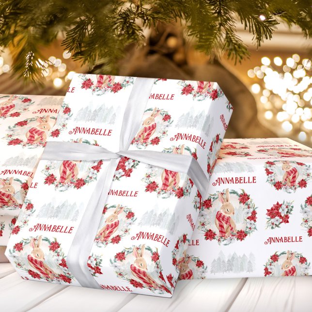 Bunny Poinsettia Watercolor Name Christmas Wrapping Paper (Bunny Poinsettia Watercolor Name Christmas Wrapping Paper)
