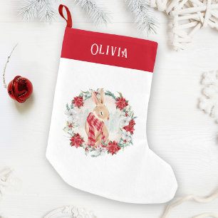 Bunny Poinsettia Watercolor Name Girl Christmas Small Christmas Stocking