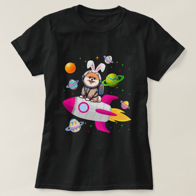 Bunny Pomeranian In Space Planets Easter Dog Owner T-Shirt (Design Front)