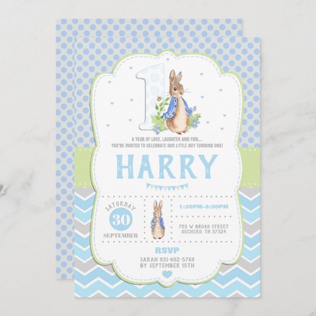 Bunny Rabbit 1st Birthday Invitations Boys (Front/Back)