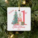 Bunny Rabbit 1st First Christmas Personalised Ceramic Ornament<br><div class="desc">Adorable Baby’s 1st Christmas pink holiday tree ornament.  Baby girl.  Add year of birth to personalise. Baby name can be added to make this sweet ornament extra special.   100% customer satisfaction every day at “Zazzle”</div>