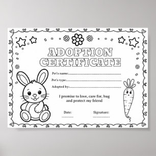 Bunny rabbit adopt colouring certificate poster
