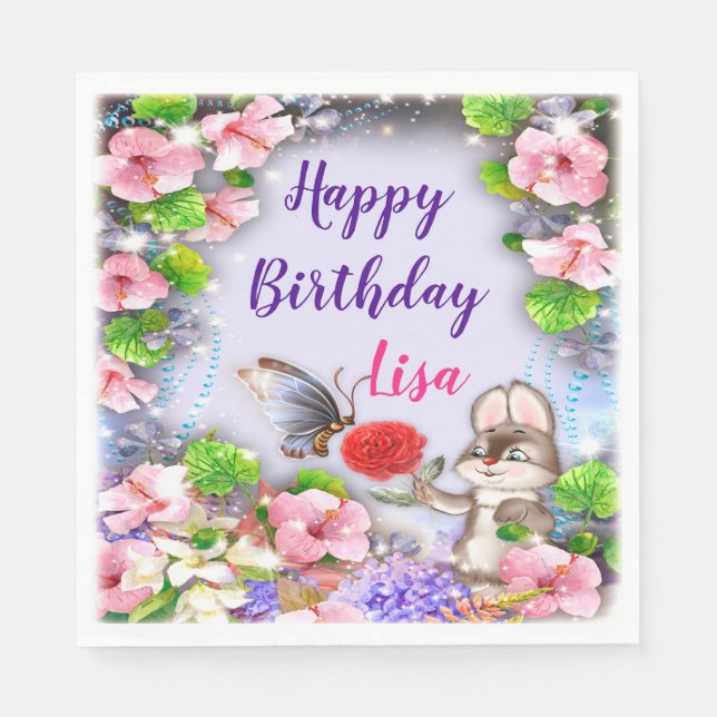 Bunny Rabbit And Butterfly Birthday Party Napkin (Front)
