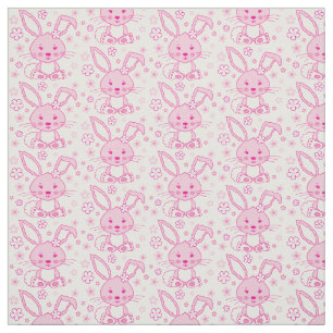 Bunny rabbit and flowers pink graphic fabric