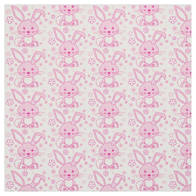 Bunny rabbit and flowers pink graphic fabric (Swatch)