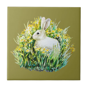 Bunny rabbit and yellow flowers ceramic tile