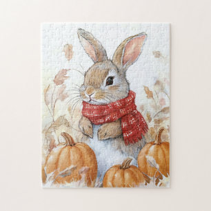 Bunny Rabbit Autumn Pumpkin Illustration Jigsaw Puzzle