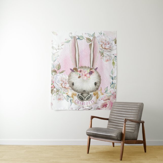 Bunny Rabbit Baby Girl Banner Backdrop Wall Art Tapestry (In Situ)