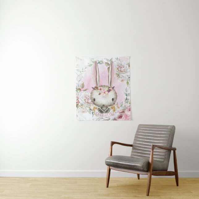 Bunny Rabbit Baby Shower Banner Backdrop Wall Art Tapestry (In Situ)
