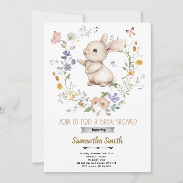 Bunny rabbit baby shower invitation (Front)