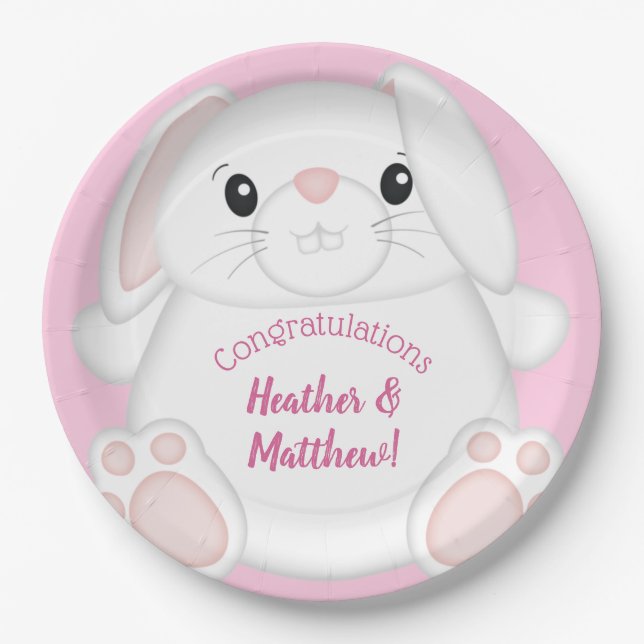 Bunny Rabbit Baby Shower Pink Paper Plate (Front)