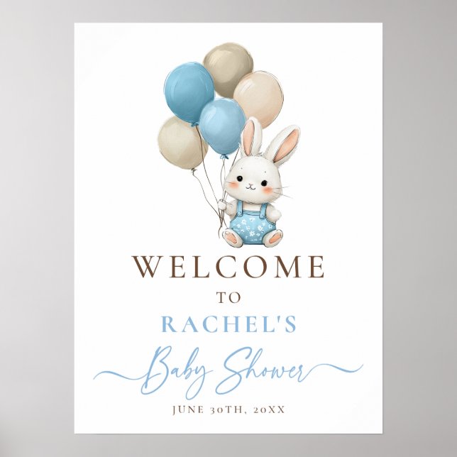 Bunny Rabbit Balloon Blue Baby Boy Shower Welcome Poster (Front)