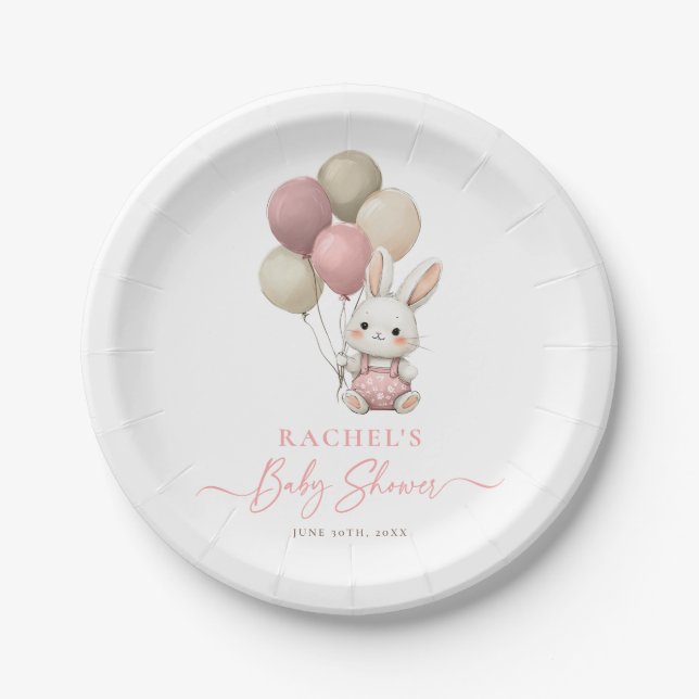 Bunny Rabbit Balloon Pink Baby Girl Shower Paper Plate (Front)