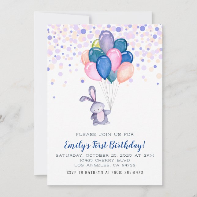 Bunny Rabbit Balloons Birthday Invitation (Front)