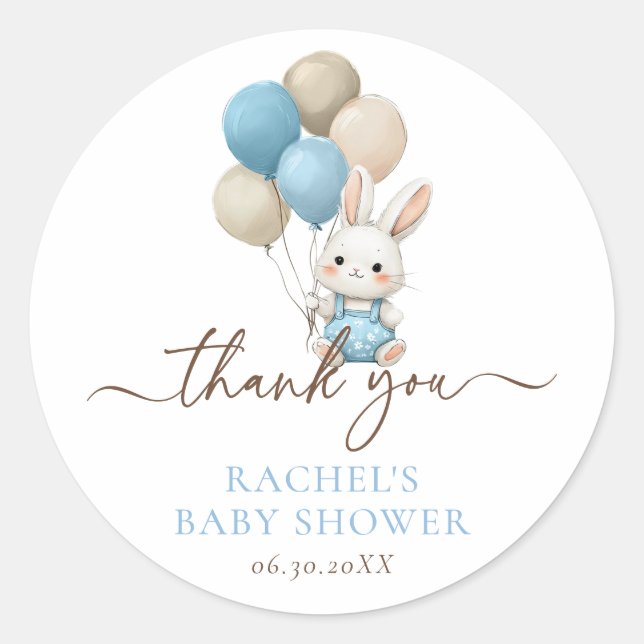 Bunny Rabbit Balloons | Blue Baby Boy Shower Classic Round Sticker (Front)