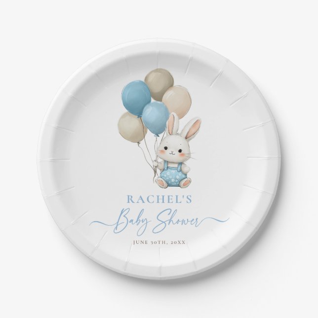 Bunny Rabbit Balloons Blue Baby Boy Shower Paper Plate
