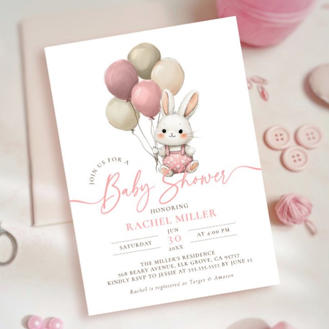 Bunny Rabbit Balloons Pink Girl Baby Shower Invitation (Creator Uploaded)
