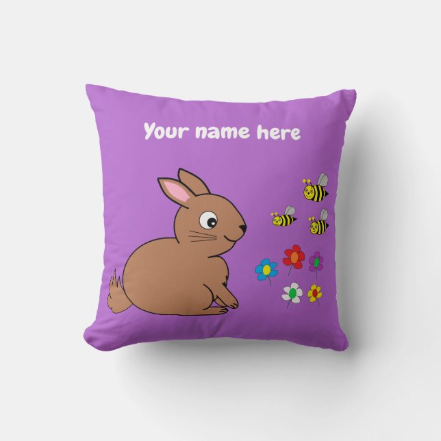 Bunny rabbit, bees & flowers on a lavender cushion (Front)