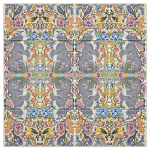 Bunny Rabbit, Birds Flowers Tiled Designer Fabric