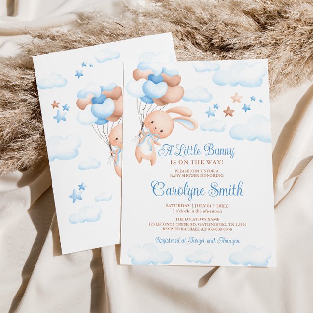 Bunny Rabbit Blue Balloon Baby Shower Invitation (Creator Uploaded)
