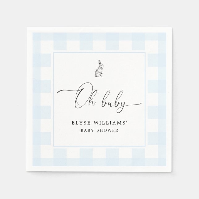 Bunny Rabbit Blue Gingham Oh Baby Paper Napkin (Front)